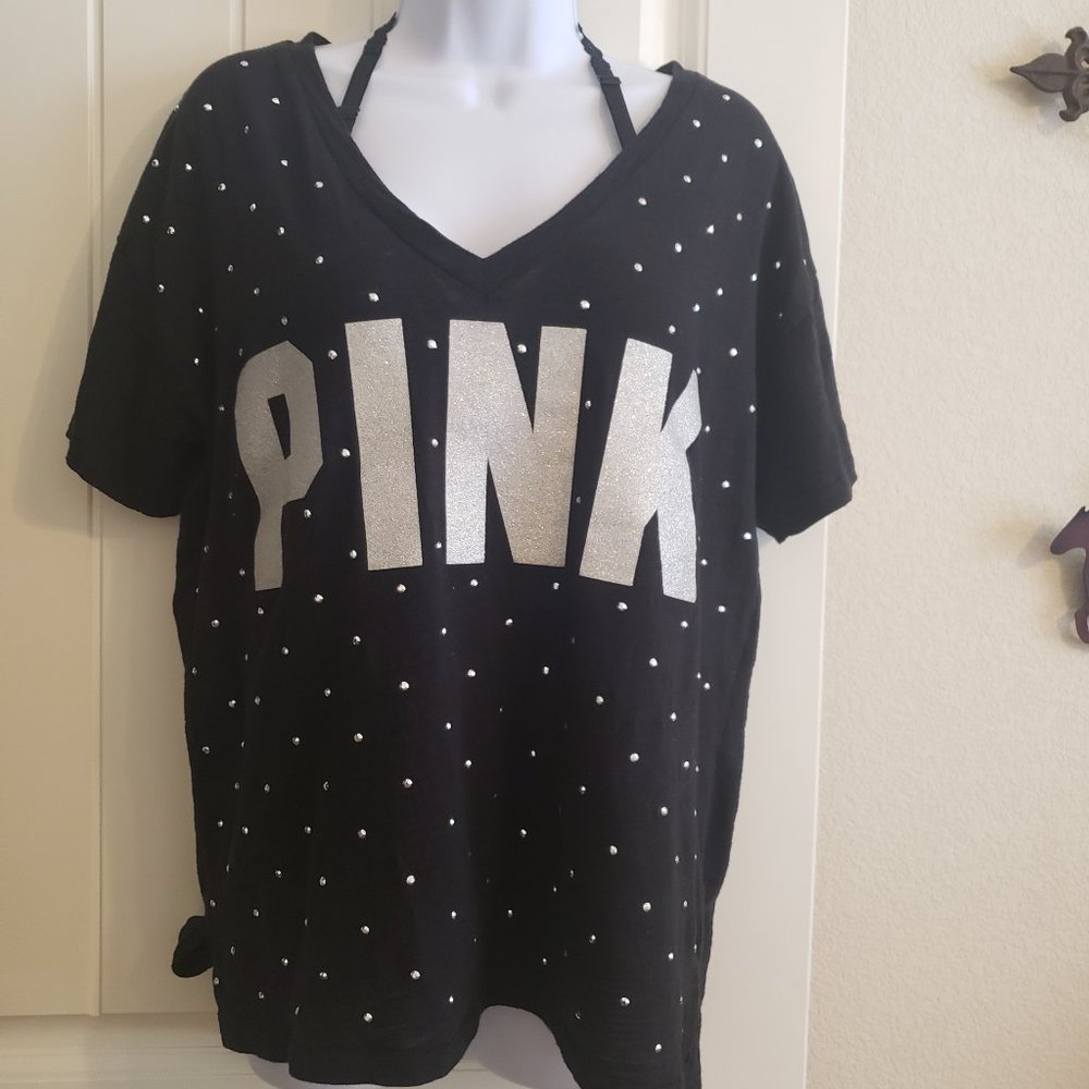VS Pink Oversized Black Tee with Silver Bling